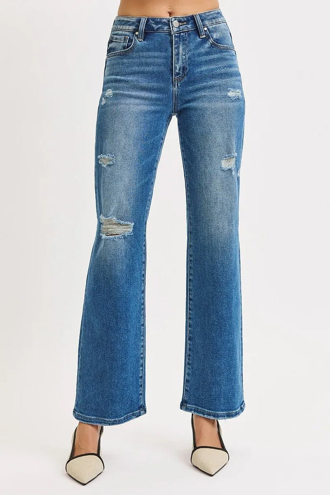 RISEN Full Size High Rise Ankle Straight Front Body Distressed Jeans Plus Size - THE AMERICAN BLUE