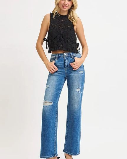 RISEN Full Size High Rise Ankle Straight Front Body Distressed Jeans Plus Size - THE AMERICAN BLUE