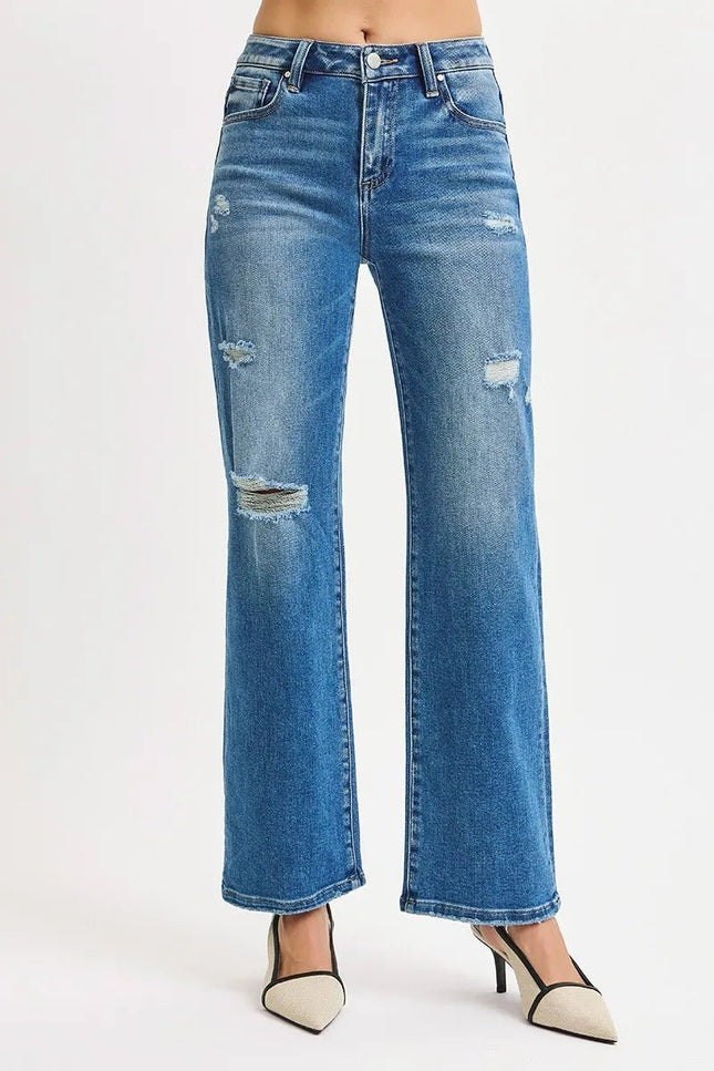 RISEN Full Size High Rise Ankle Straight Front Body Distressed Jeans Plus Size - THE AMERICAN BLUE