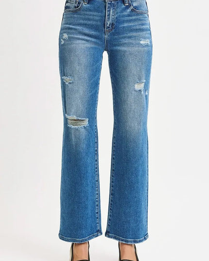 RISEN Full Size High Rise Ankle Straight Front Body Distressed Jeans Plus Size - THE AMERICAN BLUE