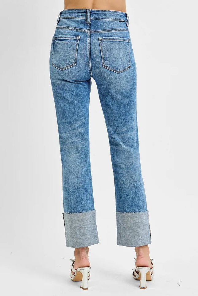 RISEN Full Size High Rise Ankle Straight Wide Cuffed Jeans Plus Size - THE AMERICAN BLUE