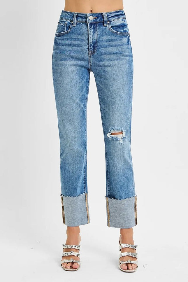 RISEN Full Size High Rise Ankle Straight Wide Cuffed Jeans Plus Size - THE AMERICAN BLUE