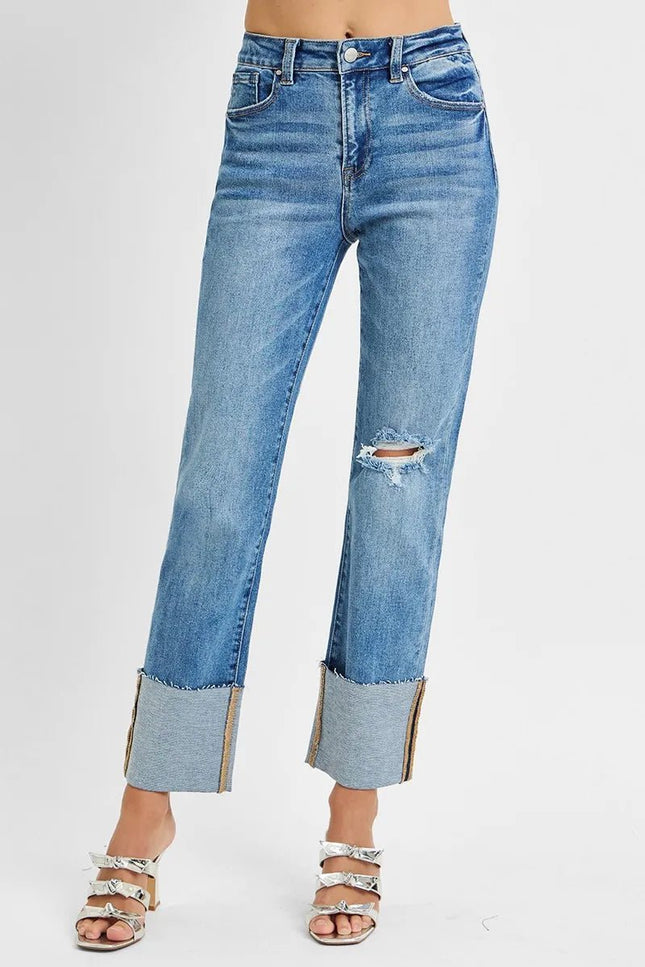 RISEN Full Size High Rise Ankle Straight Wide Cuffed Jeans Plus Size - THE AMERICAN BLUE
