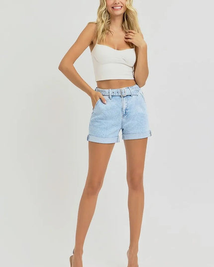 RISEN Full Size High Rise Belted Roll Up Shorts Plus Size - THE AMERICAN BLUE