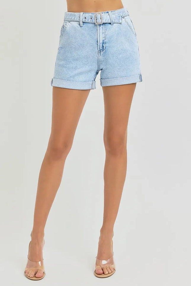 RISEN Full Size High Rise Belted Roll Up Shorts Plus Size - THE AMERICAN BLUE