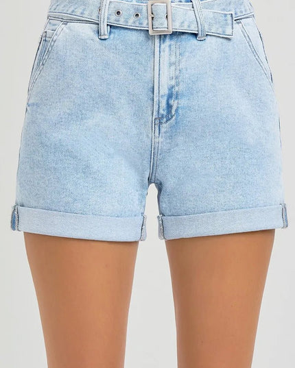 RISEN Full Size High Rise Belted Roll Up Shorts Plus Size - THE AMERICAN BLUE
