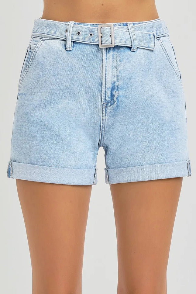 RISEN Full Size High Rise Belted Roll Up Shorts Plus Size - THE AMERICAN BLUE