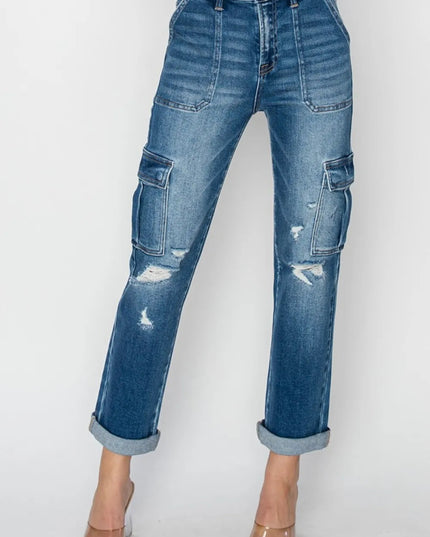 RISEN Full Size High Rise Cargo Ankle Roll Up Straight Jeans - THE AMERICAN BLUE