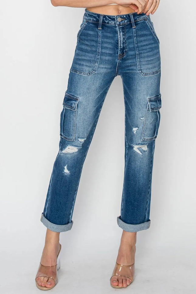 RISEN Full Size High Rise Cargo Ankle Roll Up Straight Jeans - THE AMERICAN BLUE