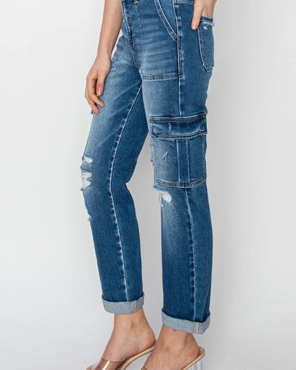 RISEN Full Size High Rise Cargo Ankle Roll Up Straight Jeans - THE AMERICAN BLUE