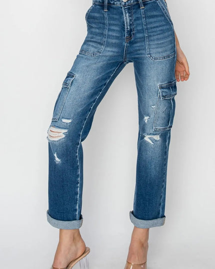 RISEN Full Size High Rise Cargo Ankle Roll Up Straight Jeans - THE AMERICAN BLUE
