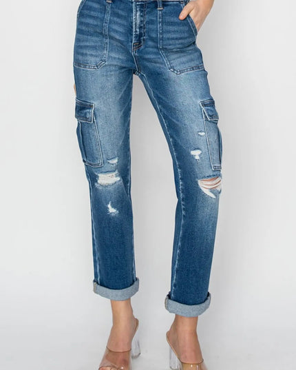 RISEN Full Size High Rise Cargo Ankle Roll Up Straight Jeans - THE AMERICAN BLUE
