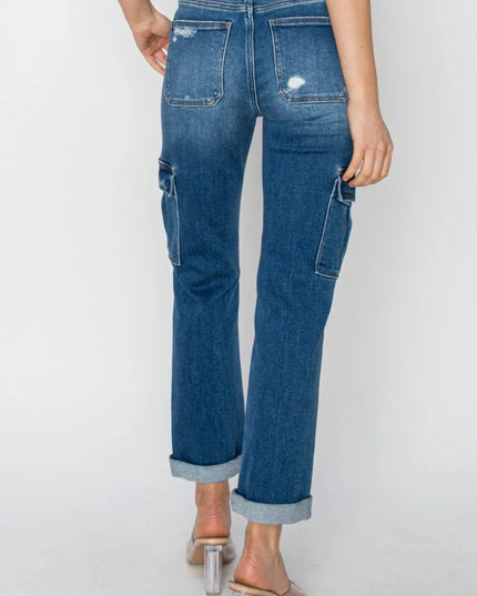 RISEN Full Size High Rise Cargo Ankle Roll Up Straight Jeans - THE AMERICAN BLUE
