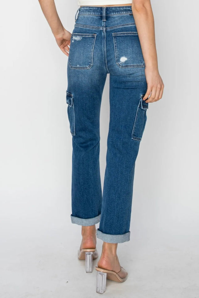 RISEN Full Size High Rise Cargo Ankle Roll Up Straight Jeans - THE AMERICAN BLUE