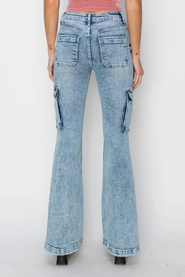 RISEN Full Size High Rise Cargo Flare Jeans - THE AMERICAN BLUE