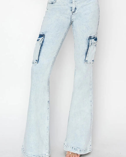 RISEN Full Size High Rise Cargo Flare Jeans - THE AMERICAN BLUE
