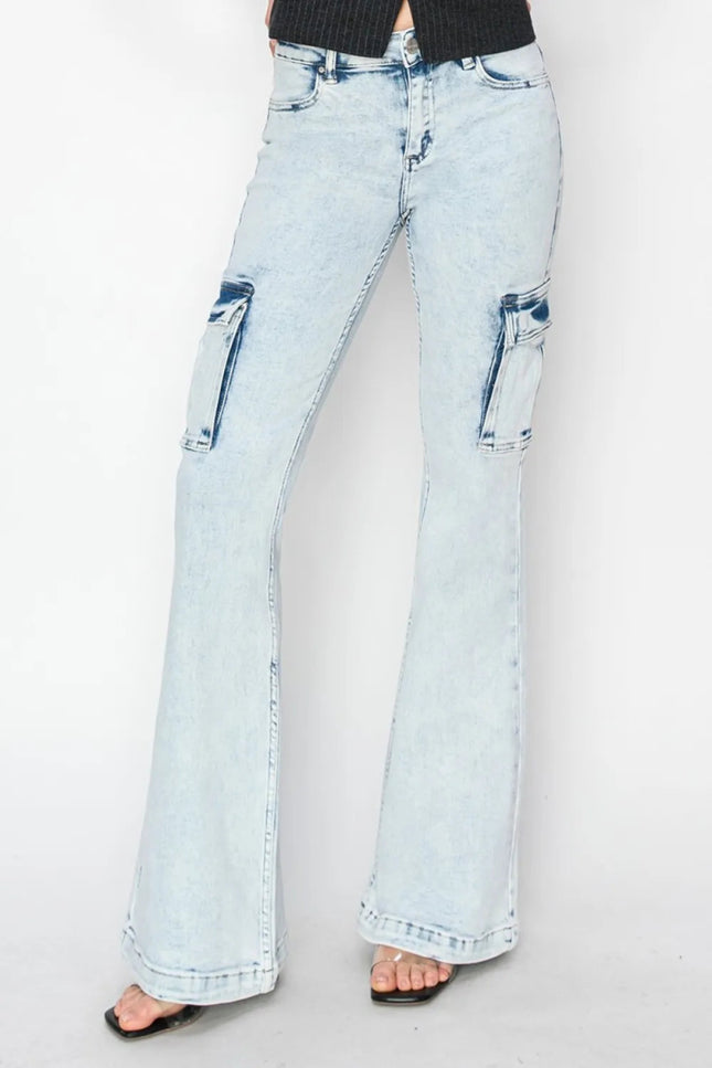 RISEN Full Size High Rise Cargo Flare Jeans - THE AMERICAN BLUE
