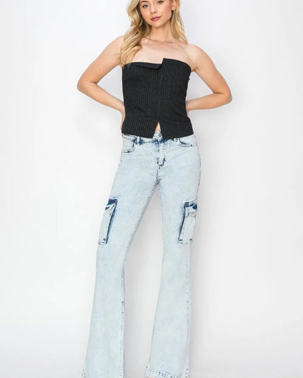 RISEN Full Size High Rise Cargo Flare Jeans - THE AMERICAN BLUE