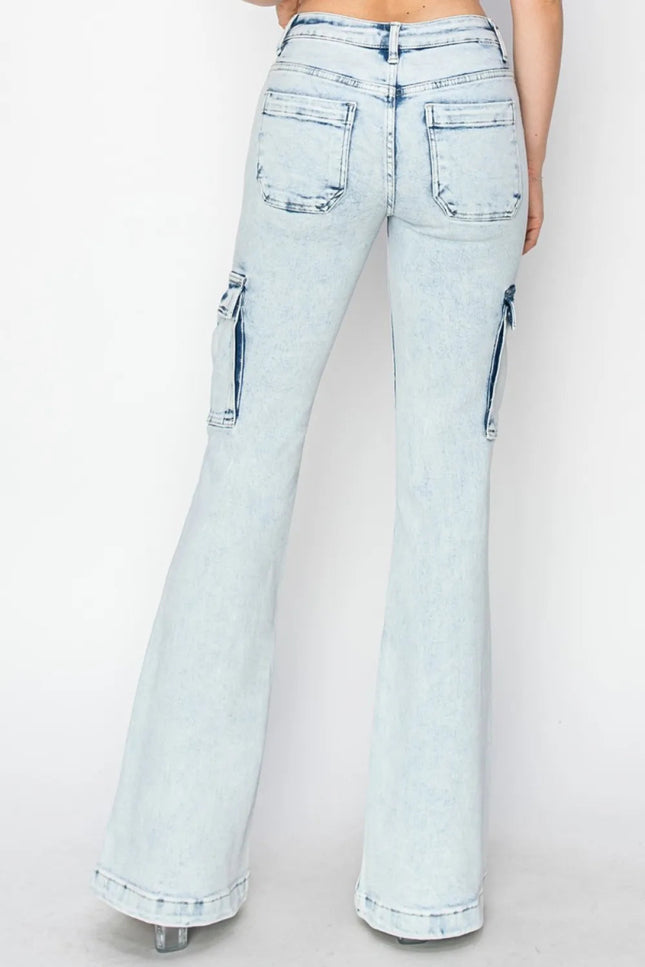 RISEN Full Size High Rise Cargo Flare Jeans - THE AMERICAN BLUE