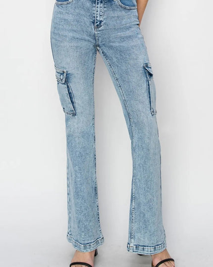 RISEN Full Size High Rise Cargo Flare Jeans - THE AMERICAN BLUE