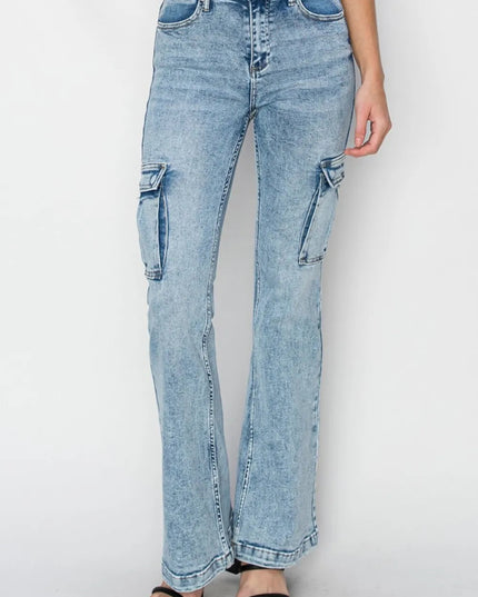 RISEN Full Size High Rise Cargo Flare Jeans - THE AMERICAN BLUE