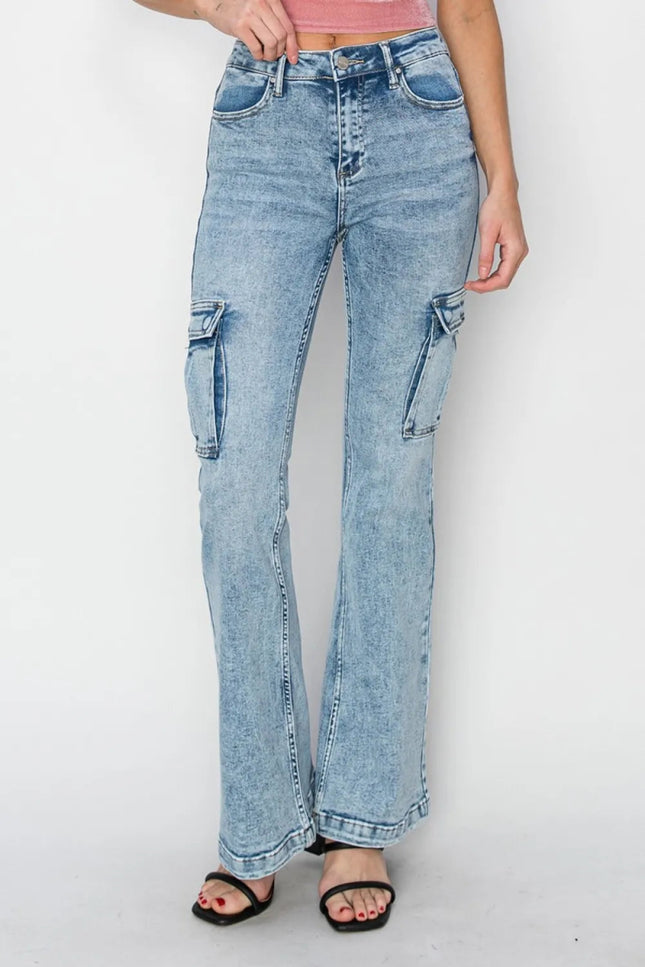 RISEN Full Size High Rise Cargo Flare Jeans - THE AMERICAN BLUE
