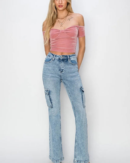 RISEN Full Size High Rise Cargo Flare Jeans - THE AMERICAN BLUE