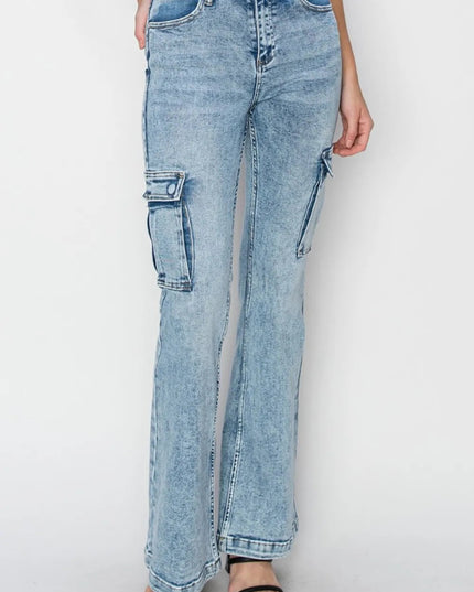RISEN Full Size High Rise Cargo Flare Jeans - THE AMERICAN BLUE