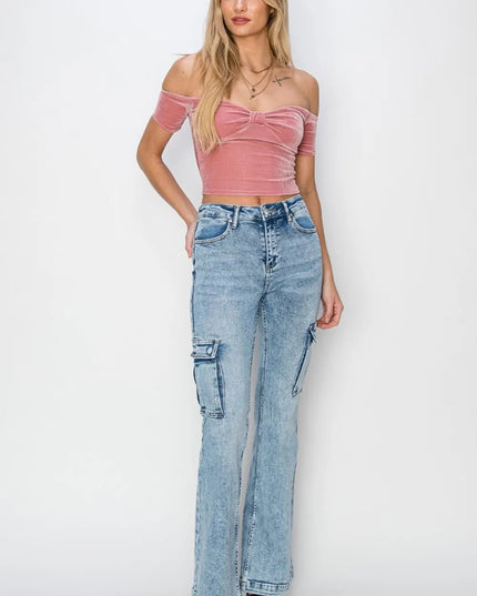 RISEN Full Size High Rise Cargo Flare Jeans - THE AMERICAN BLUE
