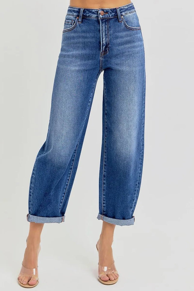 RISEN Full Size High Rise Crop Mild Barrel Jeans Plus Size - THE AMERICAN BLUE