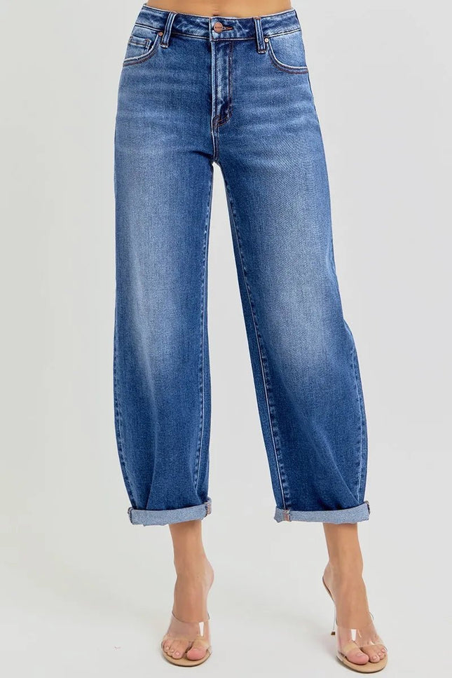 RISEN Full Size High Rise Crop Mild Barrel Jeans Plus Size - THE AMERICAN BLUE