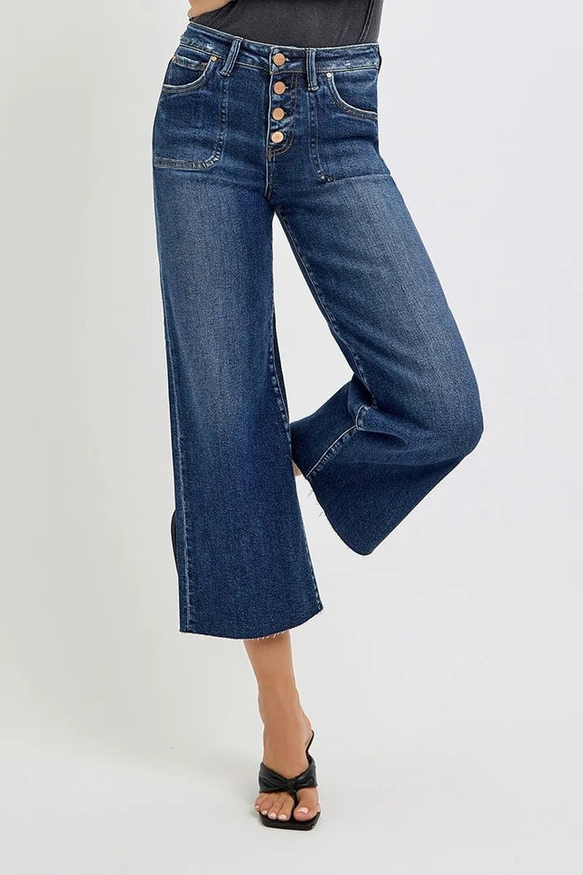 RISEN Full Size High Rise Crop Wide Button Up Jeans Plus Size - THE AMERICAN BLUE