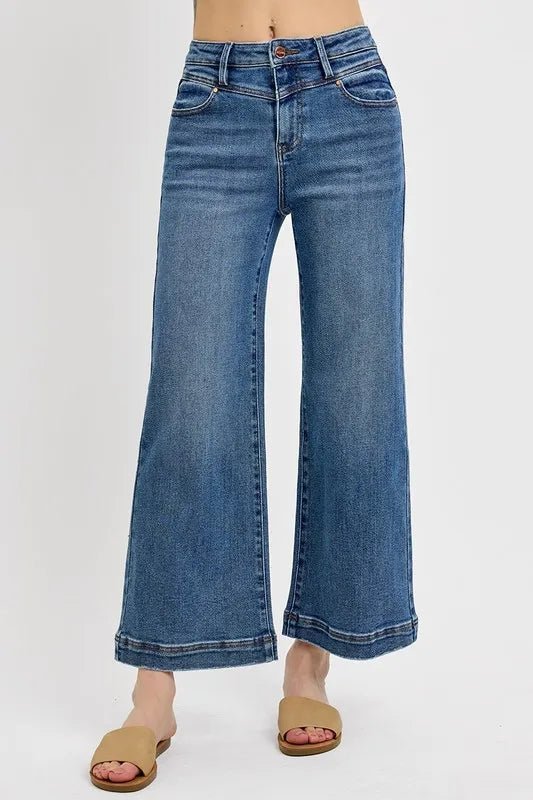 RISEN Full Size High Rise Crop Wide Leg Front Yoke Detail Jeans Plus Size - THE AMERICAN BLUE