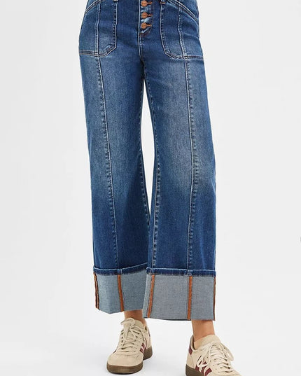 RISEN Full Size High Rise Crop Wide Straight Cuffed Jeans Plus Size - THE AMERICAN BLUE