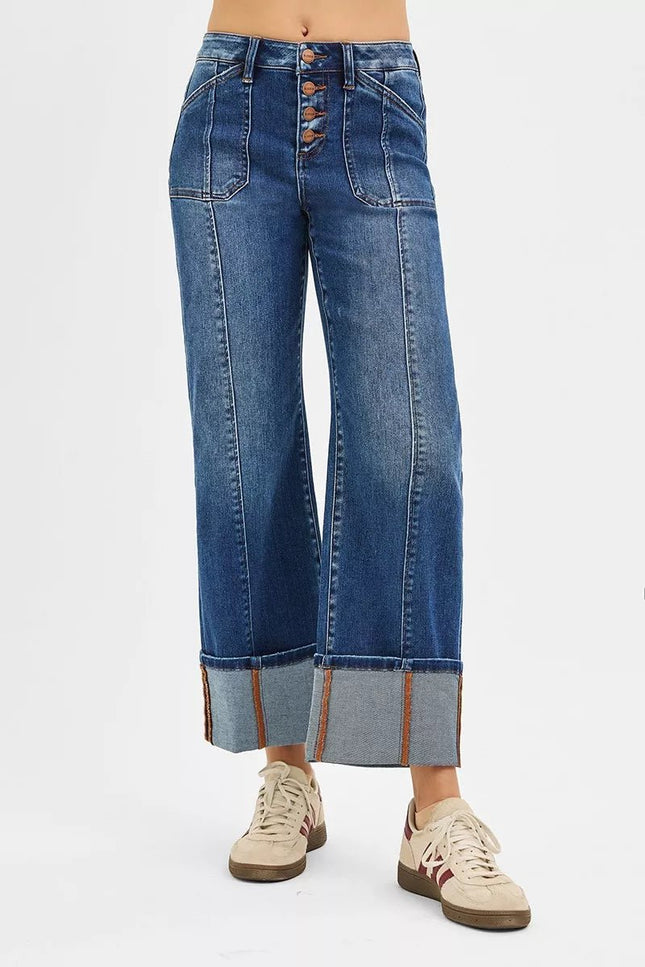 RISEN Full Size High Rise Crop Wide Straight Cuffed Jeans Plus Size - THE AMERICAN BLUE