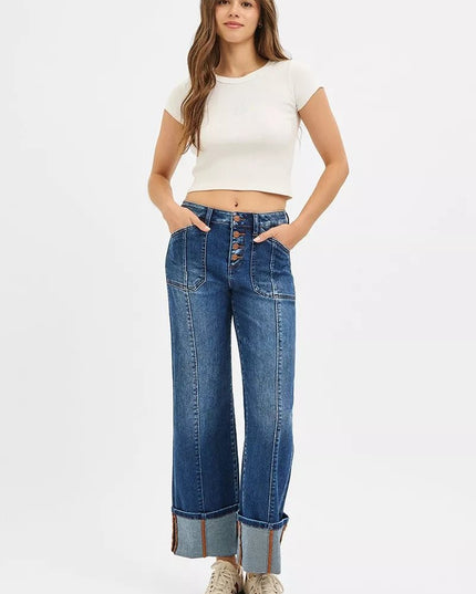 RISEN Full Size High Rise Crop Wide Straight Cuffed Jeans Plus Size - THE AMERICAN BLUE