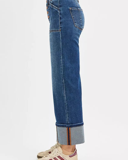 RISEN Full Size High Rise Crop Wide Straight Cuffed Jeans Plus Size - THE AMERICAN BLUE