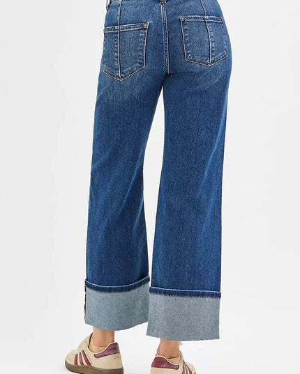 RISEN Full Size High Rise Crop Wide Straight Cuffed Jeans Plus Size - THE AMERICAN BLUE