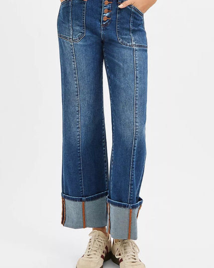 RISEN Full Size High Rise Crop Wide Straight Cuffed Jeans Plus Size - THE AMERICAN BLUE