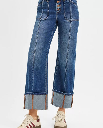 RISEN Full Size High Rise Crop Wide Straight Cuffed Jeans Plus Size - THE AMERICAN BLUE