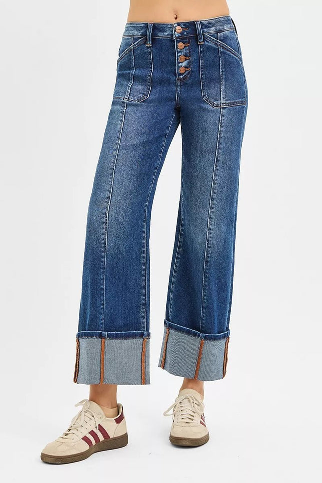 RISEN Full Size High Rise Crop Wide Straight Cuffed Jeans Plus Size - THE AMERICAN BLUE