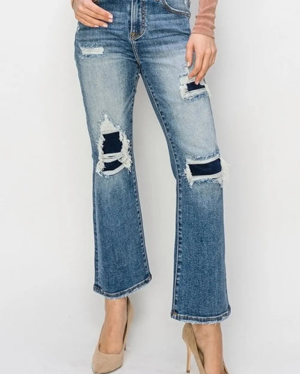 Risen Full Size High Rise Distressed Ankle Flare Jeans - THE AMERICAN BLUE