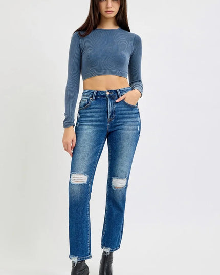 RISEN Full Size High Rise Distressed Crop Straight Jeans - THE AMERICAN BLUE