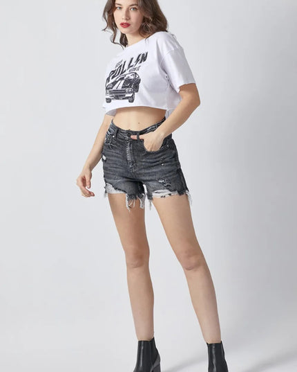 RISEN Full Size High Rise Distressed Denim Shorts - THE AMERICAN BLUE