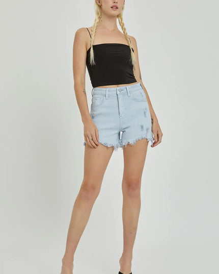 RISEN Full Size High Rise Distressed Detail Denim Shorts - THE AMERICAN BLUE