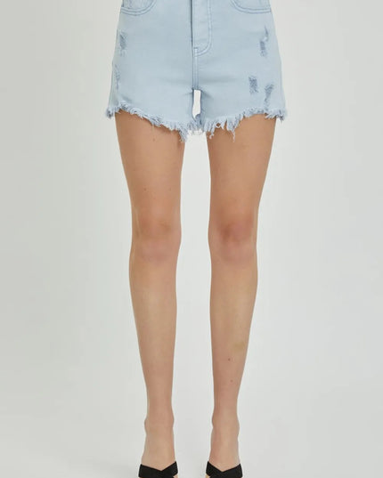 RISEN Full Size High Rise Distressed Detail Denim Shorts - THE AMERICAN BLUE
