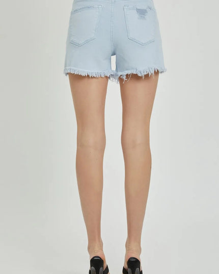 RISEN Full Size High Rise Distressed Detail Denim Shorts - THE AMERICAN BLUE