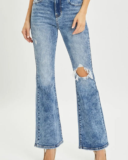 RISEN Full Size High Rise Distressed Flare Jeans - THE AMERICAN BLUE