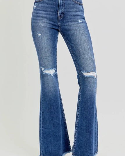 RISEN Full Size High Rise Distressed Raw Hem Flare Jeans - THE AMERICAN BLUE