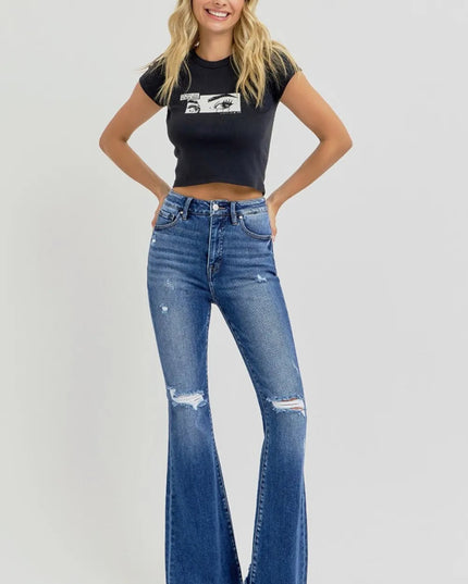 RISEN Full Size High Rise Distressed Raw Hem Flare Jeans - THE AMERICAN BLUE